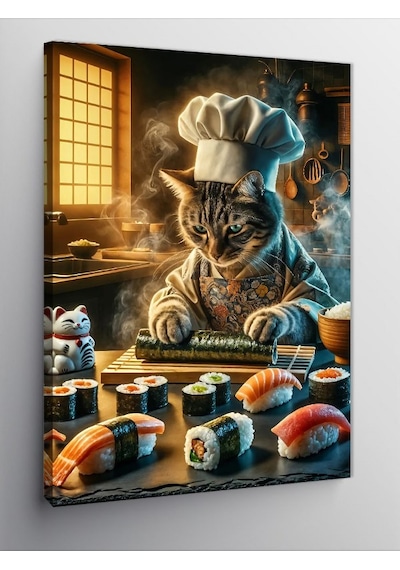Kanvas Tablo Sushi Yapan Aşçı Kedi 70cmx100cm