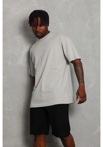 Erkek Düz Yazlık Kısa Kol Tişört Bisiklet Yaka Oversize T-shirt - Gri