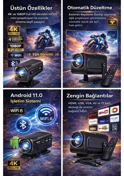 Hy320 Mini 4k Android Taşınabilir Akıllı Projeksiyon Cihazı