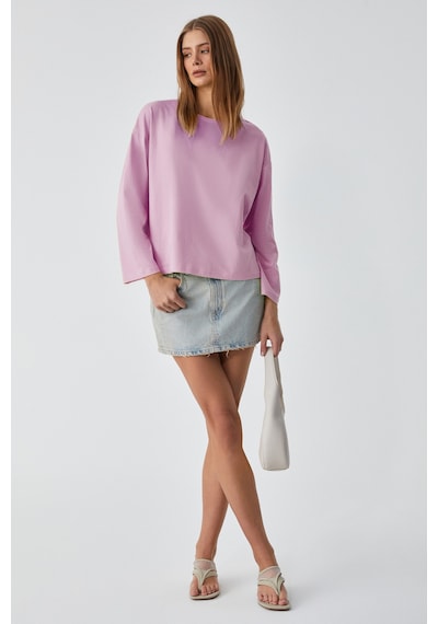 Grımelange Basıl Kadını Oversize %100 Organik Pamuk Örme Uzun Kol Pembe T-shirt Pembe