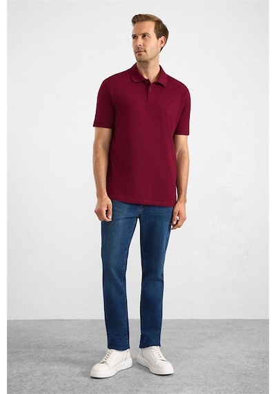 Süvari Koyu Bordo Regular Düz Nakışlı Pike Düğmeli Polo Yaka Tişört Ts1014000473-k09