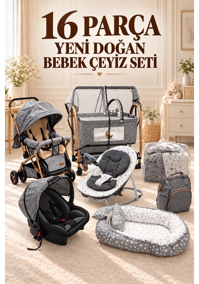 16 Parça Yeni Doğan Bebek Çeyiz Seti Full Set Bebek Arabası-beşik- Seti -anakucağı-çanta-puset-babynest-yastık-yatak-oyuncak Barı-ayak Örtüsü
