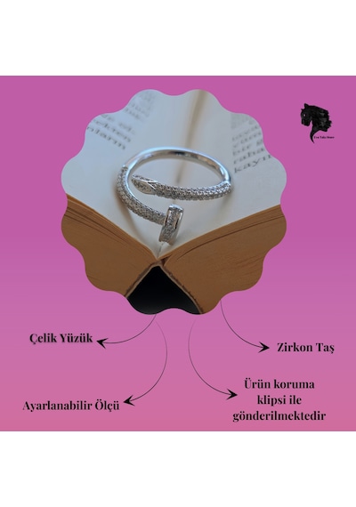 Ayarlanabilir Çivi Model Zirkon Taşlı Silver Renk Çelik Yüzük Gümüş