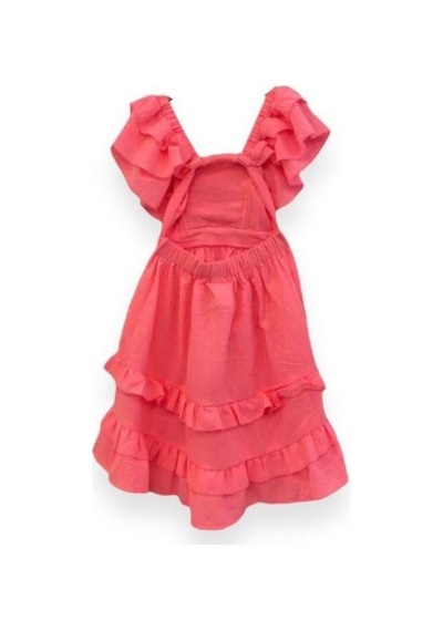 Kız Çocuk Askılı Dokuma Sırtı Açık Elbise-13744 Neon Pembe