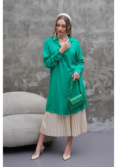 Polologin Butik Yeşili Dökümlü Uzun Gömlek Tunik Yeşil