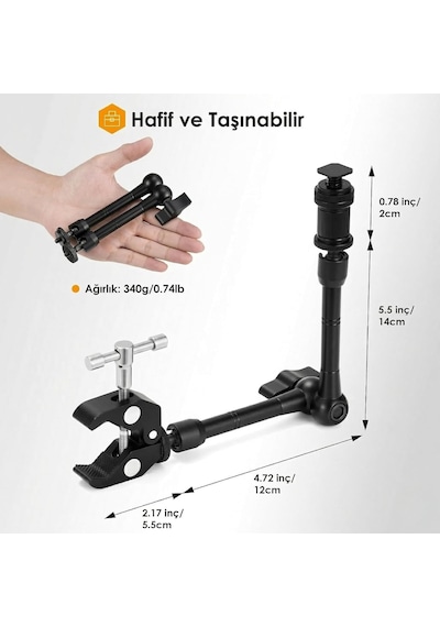 Profesyonel Magic Arm Dslr Kamera Tutucu Süper Kelepçeli Mengene Stand, 1/4 3/8 Dişli Flaş Pabuçlu Esnek Mafsallı Kol Tripod Masa Gidon Monitör Mikrofon Aksiyon Kamera Sabitleme, Mg01, Siyah