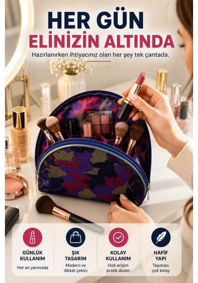 Geniş Bölmeli Makyaj Çantası File Detaylı Seyahat Kozmetik Organizer Kamuflaj Desenli Çanta