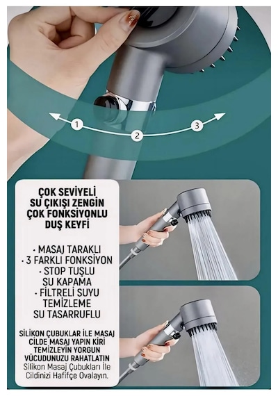 3 Fonksiyonlu Start Stop Tuşlu Filtreli Basınçlı Masaj Etkili Duş Gri
