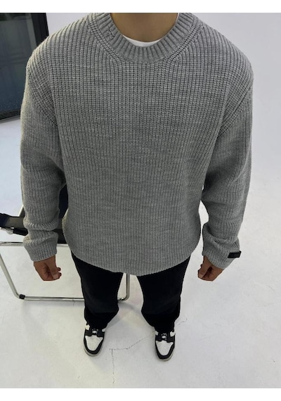 Elku Moda Yırtık Detaylı Oversize Kalıp Salaş Kesim Bisiklet Yaka Pamuk Triko Kazak Gri