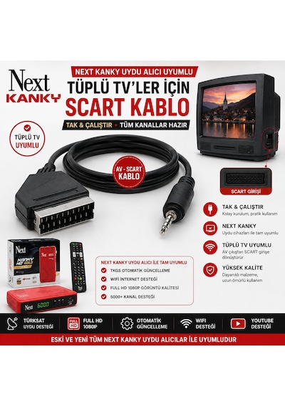 Next Kanky Uyumlu Av Scart Kablo Tüplü Tv Uydu Alıcısı Bağlantı Kablosu, 3.5 Mm Av Jack Scart Dönü