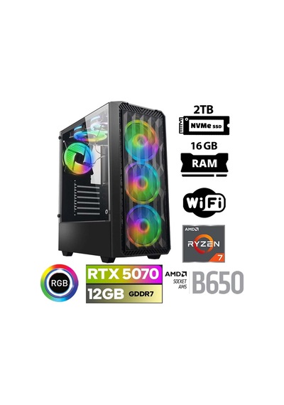 Xaser Thunder X70 R7-7700 16 GB 2 TB M.2 NVMe SSD 12 GB RTX5070 Free Dos Masaüstü Oyuncu Bilgisayarı