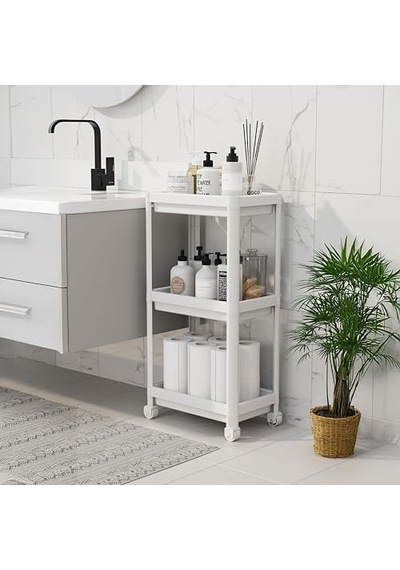 Deconox Peggy 3 Katlı Tekerlekli Raf Ünitesi - 36x71x23 Cm Dar Alan Düzenleyici - Mutfak Ve Banyo İçin Aletsiz Kurulum Servis Arabası Beyaz - Siyah - Gri Beyaz