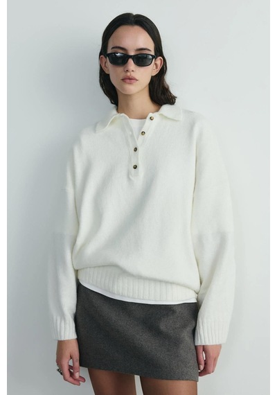 Suud Collection Ekru Rani Polo Yaka Oversize Kazak