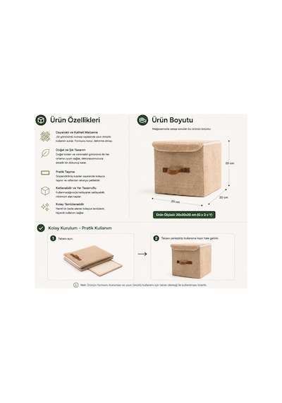 Kapaklı Jüt Saklama Kutusu 20x20x20 Cm Katlanabilir Dolap Düzenleyici Raf Organizer Doğal