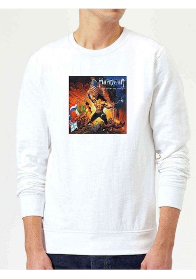 Manowar Warriors Of The World Baskılı Beyaz Erkek Örme Sweatshirt