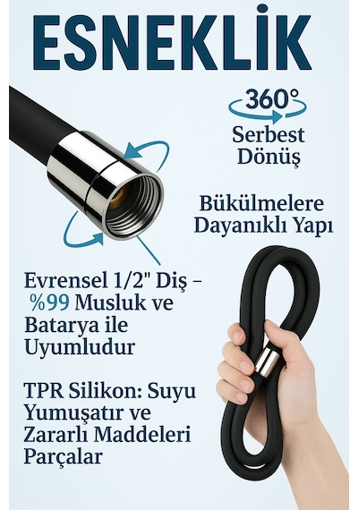 Sardıcı Silikon Siyah Duş Hortumu 150cm Termostatik Silikon Yüzey Siyah