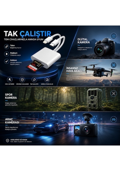 Alfais 6083 Type-c Lightning Kart Okuyucu Micro Sd Tf Hafıza Kart Adaptörü Çevirici Çoklayıcı Sdhc