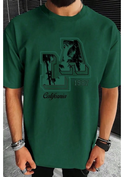 Erkek La California 1987 Baskılı Oversize Tshirt Yeşil