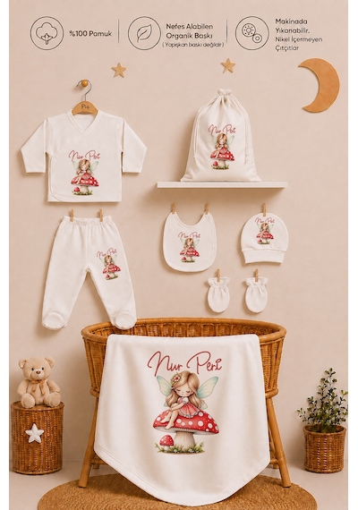 Pia Baby Kişiye Özel %100 Pamuk Kız Bebek Hastane Çıkışı Zıbın Seti 8 Parça Kese Hediyeli 1096zybk0x Krem