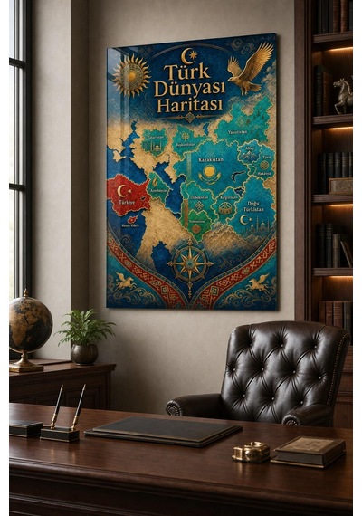 Türk Dünyası Haritası Baskılı Cam Tablo Uv Baskı Dekoratif Duvar Tablosu