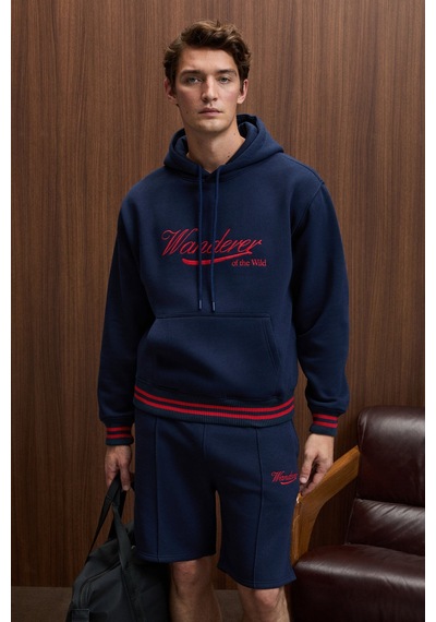 Grimelange Phantoseas Erkek Kapüşonlu Önü Nakışlı Etek Ve Kol Triko Detaylı Lacivert Sweatshirt Lacivert