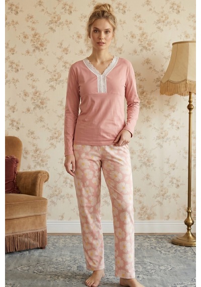 Siyah İnci Somon Desenli V Yaka Dantelli Viskon Örme Pijama Takım 26224654