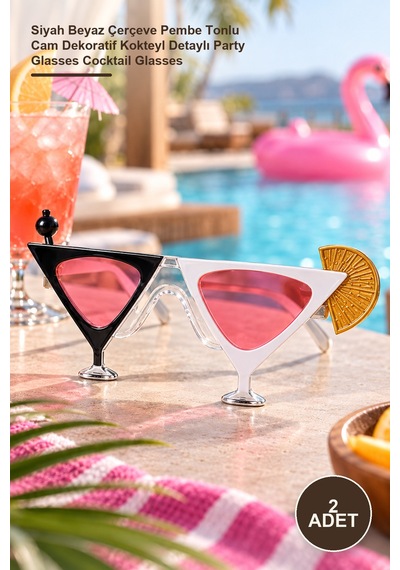 2 Adet Kokteyl Bardak Parti Gözlüğü Siyah Beyaz Çerçeve Pembe Tonlu Cam Dekoratif Kokteyl Detaylı Party Glasses Cocktail Glasses