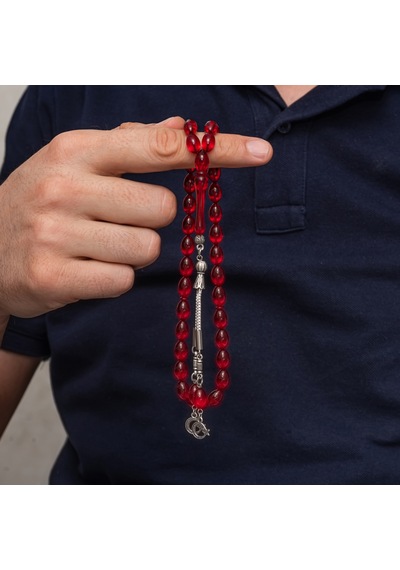 Metal Püsküllü Kırmızı Sıkma Kehribar Tesbih - 15