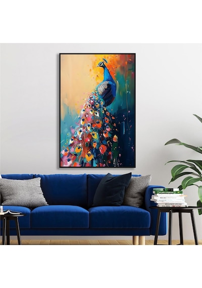 Yağlı Boya Dokulu Tablo Modern Renkli Tavus Kuşu Siyah Çerçeveli U04032-178946