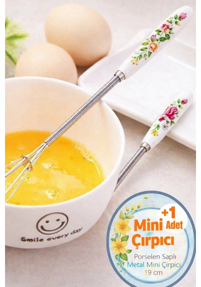 Mini Kahve Çırpıcı Porselen Saplı Süt Yumurta Çırpıcı 19 Cm Desenli Çırpıcı Tel Gümüş