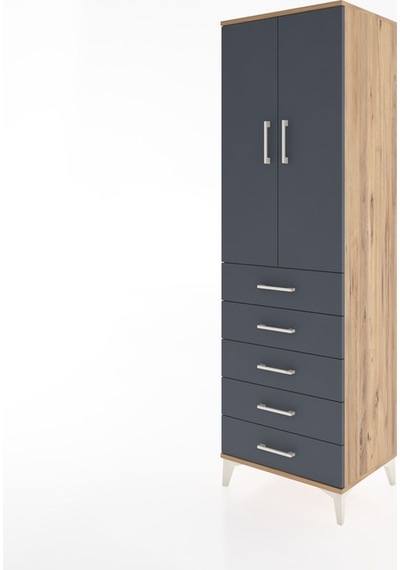 Hyperion Dolap Tek Raflı 5 Çekmeceli Tek Askılı 60x44x195 Çam... Çam
