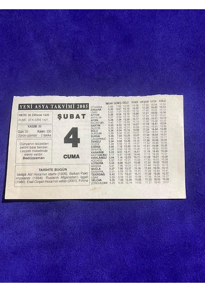 4 Şubat 2005 Takvim Yaprağı - Nostalji Koleksiyonluk Takvim Yaprağı