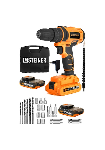 Steiner 58 V 5 Ah Darbeli Metal Şanzıman Çift Akü Şarjlı Vidalama Matkap + 24 Parça Sarı