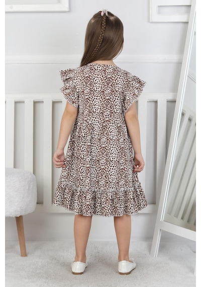 New Kids Leopar Desenli Kız Çocuk Elbise-90721 Kahverengi