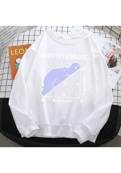 Startmore Trend Sonbahar Kazak Kadınlar İçin Hippo Matematik Sorunu Üzerinde Uyku Baskı Hoody Yumuşak P Beyaz