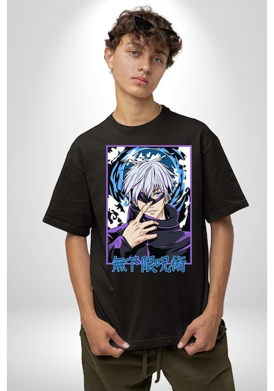 Jujutsu Vintage Washed - Megumi Gojo Anime Manga Pamuklu Bisiklet Yaka Unisex Oversize Boyfriend Dijital Baskılı Siyah T-shirt Siyah