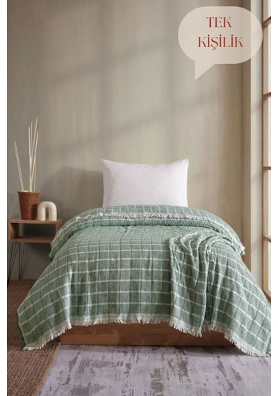 Miracolo Home Yeşil Müslin 4 Katlı Yatak Örtüsü Pike Tek Kişilik Pamuklu Pike 170x200