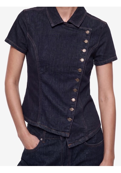 Koton Slim Fit Pamuklu Klasik Yaka Kısa Kollu Asimetrik Kesim Düğmeli Denim Bluz Koyu İndigo 7wal30005md Dark Indigo