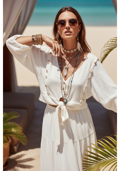 Fashion Cocktail Midye İstiridye Deniz Kabuğu V-yaka Bağlamalı Crop Dizaltı Etek Bluz Sahil Yazlık Bohem 2li Takım Beyaz Fashion Cocktail Midye İstiridye Deniz Kabuğu V-yaka Bağlamalı Crop Dizaltı Etek Bluz Sahil Yazlık Bohem 2li Takım Beyaz