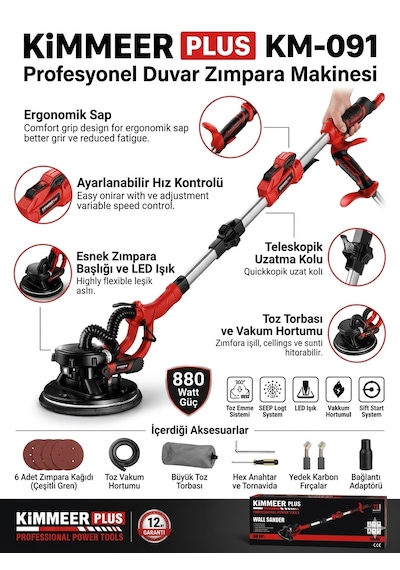 Kimmer Plus Km-091 Profesyonel Duvar Ve Tavan Zımpara Makinesi 880w - Vakumlu Ve Led Işıklı