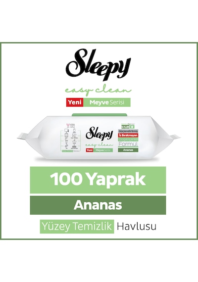 Sleepy Meyve Serisi Yüzey Temizlik Havlusu Mendili Ananas 100 Yaprak Beyaz