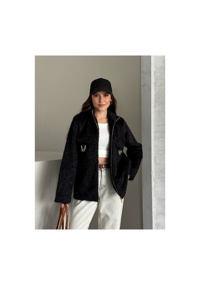Asur Boutique Asur Butik Kadın Keçeli Kumaş Tokalı Fermuarlı Ceket Siyah