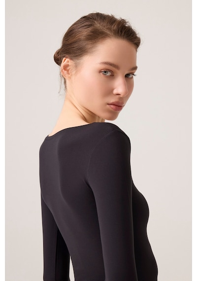 Los Ojos X Ece Siyah Uzun Kollu U Yaka Spor Bluz Scoop Neck Top Siyah Siyah