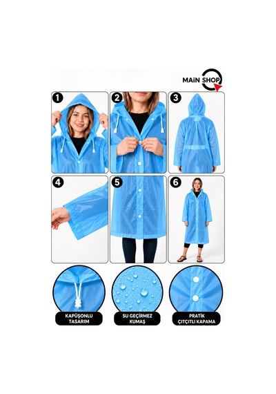 Mainshop Unisex Yağmurluk Kapüşonlu Çıtçıtlı Su Geçirmez Uzun Yağmurluk Kadın Erkek Mavi