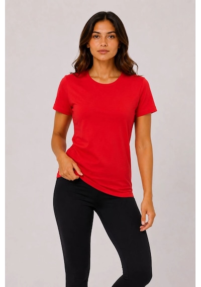 Primemagazam Kadın Basic Tişört Bisiklet Yaka Kısa Kol Günlük Yazlık Slim Fit T-shirt - Kırmızı Çeşitli
