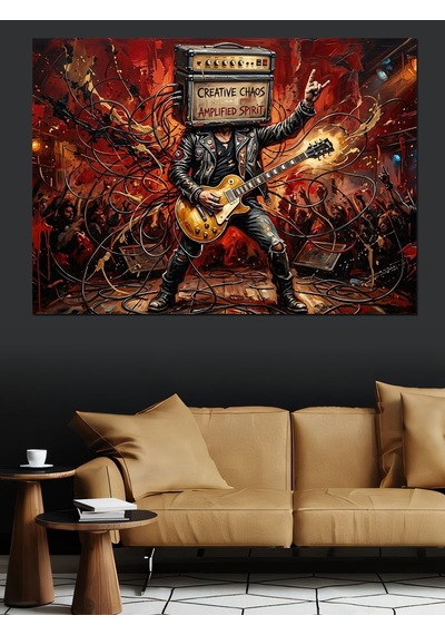 Amfi Kafalı Gitarist Rock Konseri Dekoratif Kanvas - Mdf Ahşap Tablo