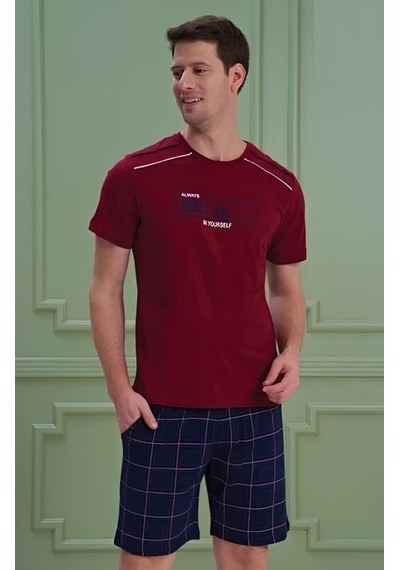 Dode Flora Erkek Yazılı Kısa Kollu Şortlu Pijama Takım - 1204 - Ovr - Slp Bordo