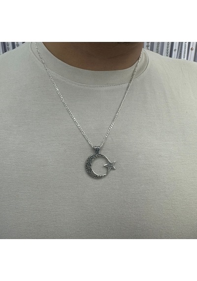 925 Ayar Gümüş Kelime-i Tevhid Yazılı Ayyıldız Model Erkek Kolye Gümüş