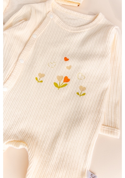 Babymod Çiçek Desenli Şapkalı 2'li Pamuklu Kız Bebek Tulum Set Ekru