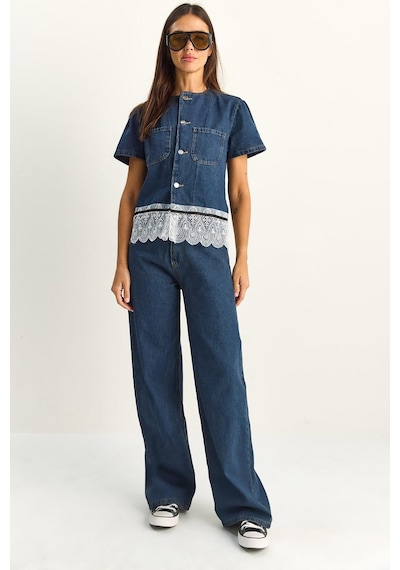 Kadın Dantel Detaylı Kısa Kollu Ceket Wide Leg Denim Pantolon Takım 8211 60286152 - Lacivert Kadın Dantel Detaylı Kısa Kollu Ceket Wide Leg Denim Pantolon Takım 8211 60286152 - Lacivert